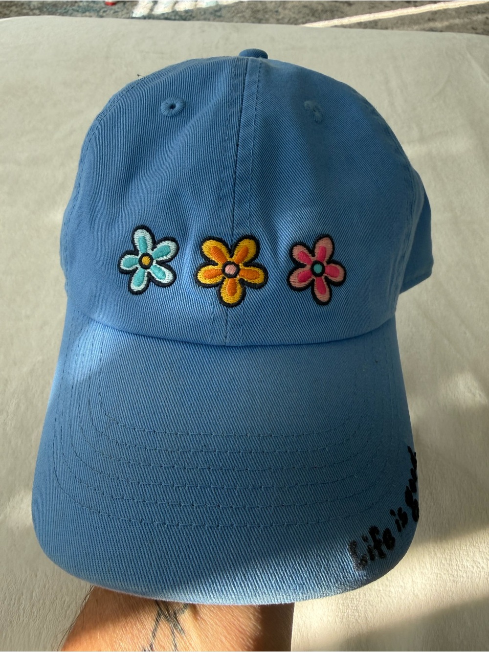 Life is Good Three Daisies Blue Chill Cap three embroidered daisy flowers